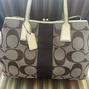 Coach Signature Brown and Silver Shoulder Bag